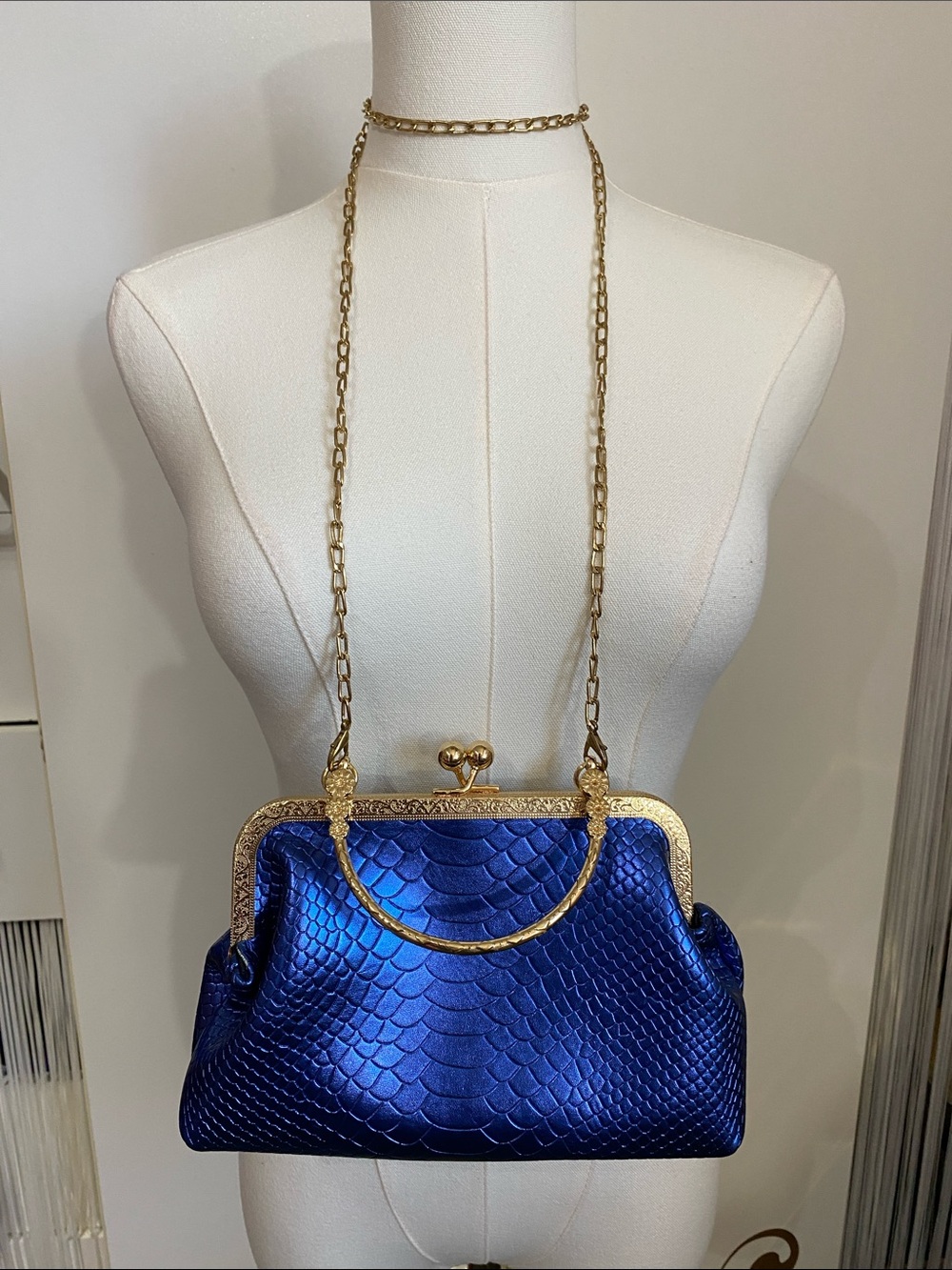 Metallic Blue Kiss Lock Croc Embossed Shoulder Bag